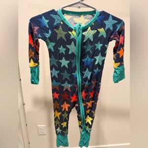 Little Sleepies Multicolor Star Zip One-Piece Pajamas - Navy Base with Teal Trim